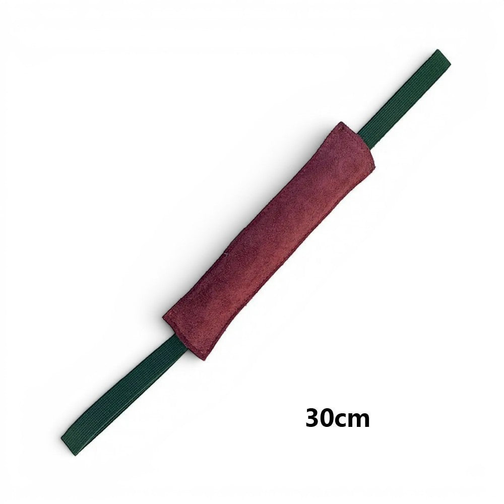 Boudin de mordant AventureCanine en cuir bordeaux avec deux poignées en nylon vert pour l'entraînement du chien