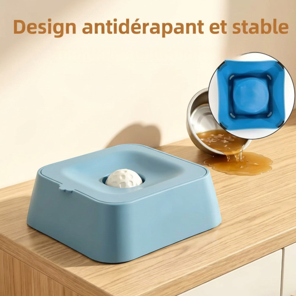 Boule à lécher AventureCanine bleue avec support antidérapant pour une alimentation lente et apaisante du chien