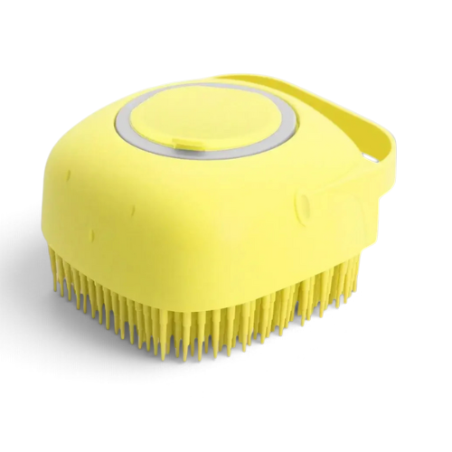 Brosse de lavage AventureCanine jaune avec réservoir de shampoing et picots souples pour le bain des chiens
