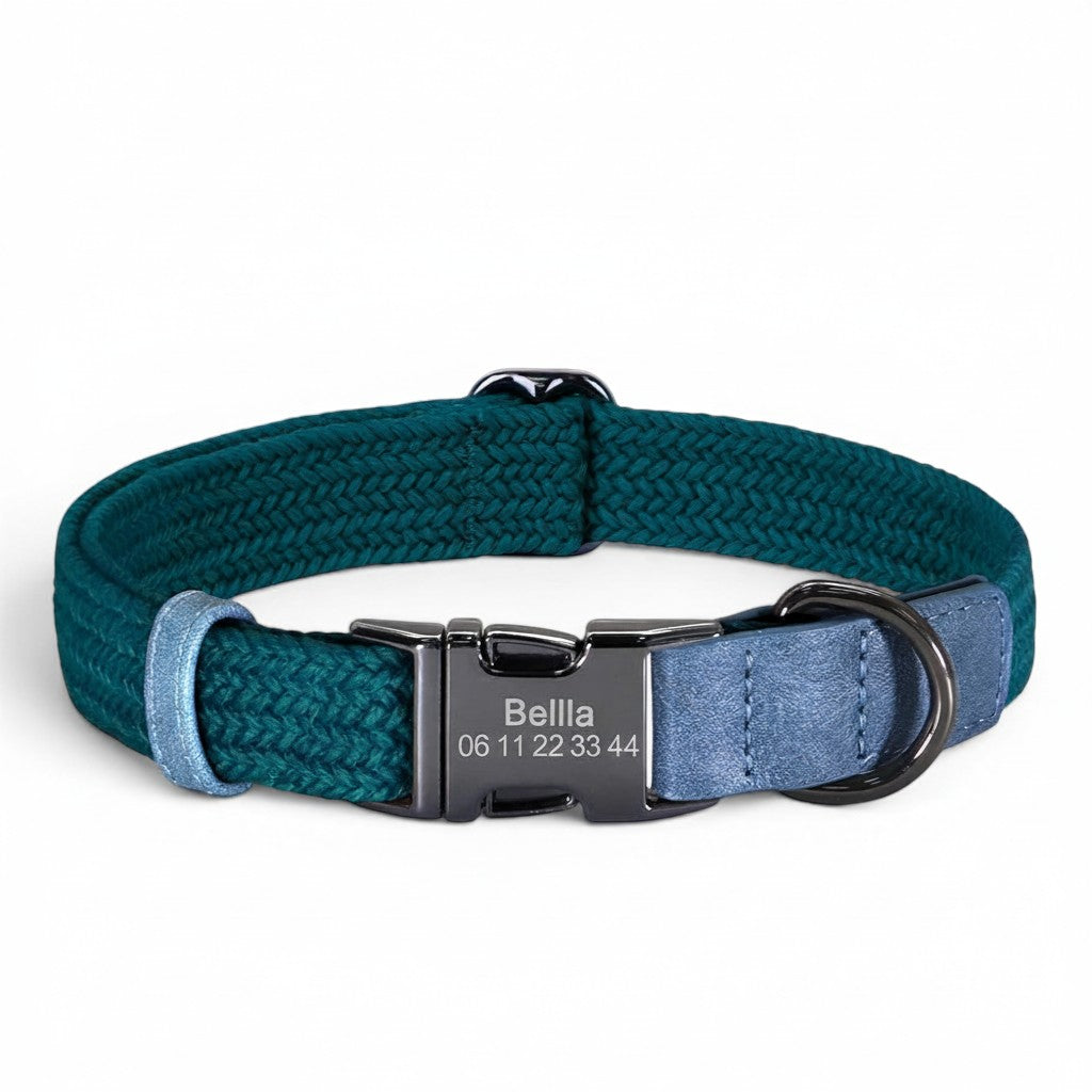 Collier pour chien AventureCanine en nylon tressé vert avec boucle gravée personnalisable et attaches métalliques