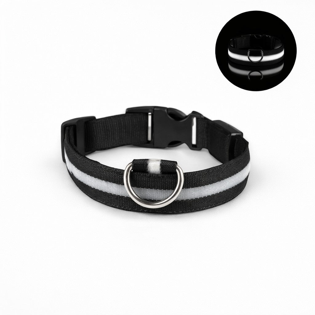 Collier lumineux AventureCanine en nylon noir avec bande LED pour la sécurité nocturne du chien