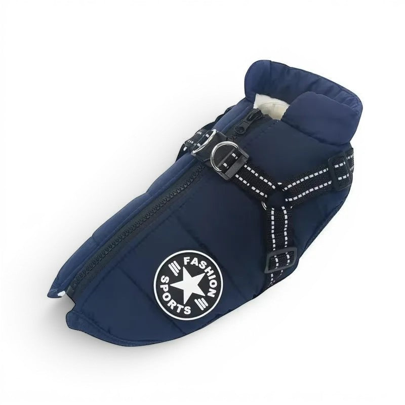 Manteau d'hiver bleu AventureCanine pour chien en coton déperlant avec harnais intégré et fermeture éclair