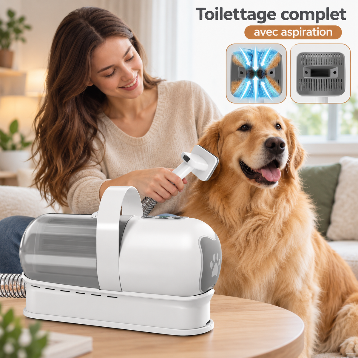 AventureCanine kit de toilettage 3 en 1 avec aspirateur à poils blanc pour brosser et tondre un chien golden retriever