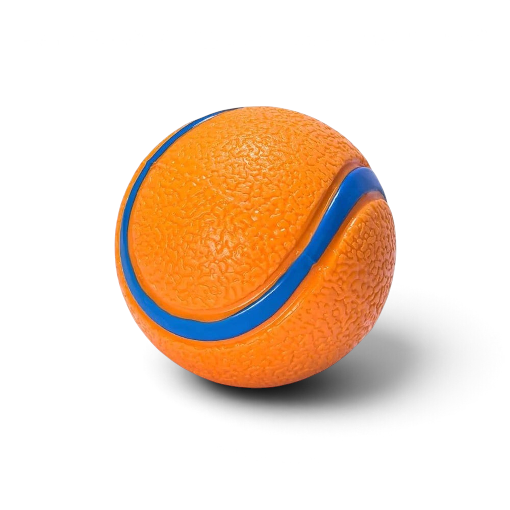 Balle rebondissante AventureCanine en caoutchouc orange et bleu pour chien, idéale pour le jeu et la mastication.