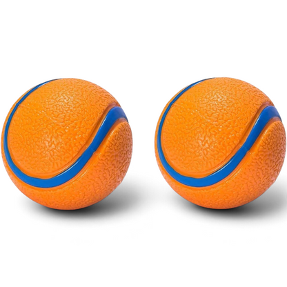 Lot de deux balles rebondissantes AventureCanine en caoutchouc orange et bleu pour chien