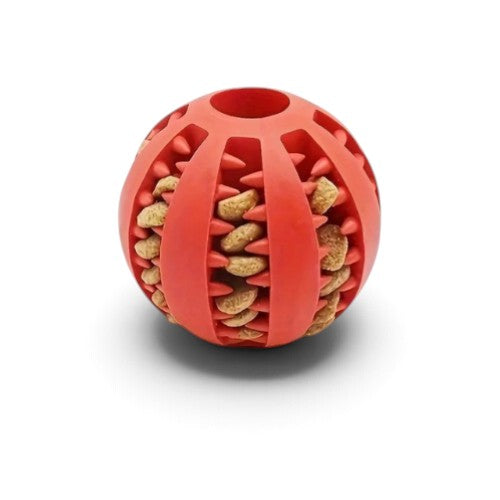 Balle AventureCanine rouge en caoutchouc naturel avec des croquettes, jouet distributeur interactif pour chien