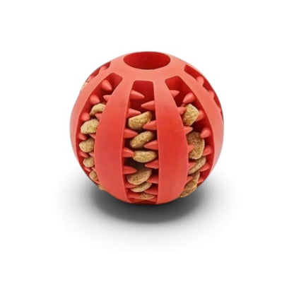 Balle AventureCanine rouge en caoutchouc naturel avec des croquettes, jouet distributeur interactif pour chien