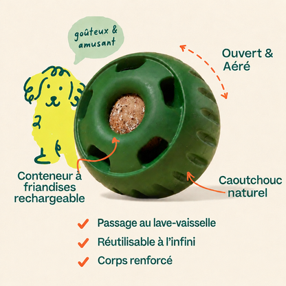 Balle à fourrer AventureCanine en caoutchouc naturel vert, jouet distributeur de friandises durable pour chien