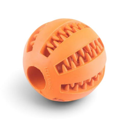Balle Gourmande AventureCanine orange en caoutchouc naturel avec rainures pour friandises et picots de mastication