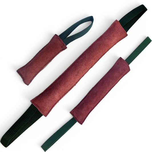Boudins de mordant AventureCanine en cuir marron avec poignées en nylon noir pour l'entraînement canin
