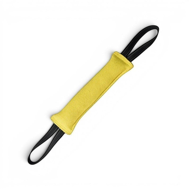 Boudin de mordant AventureCanine en jute jaune avec deux poignées noires pour jeux de traction et entraînement canin