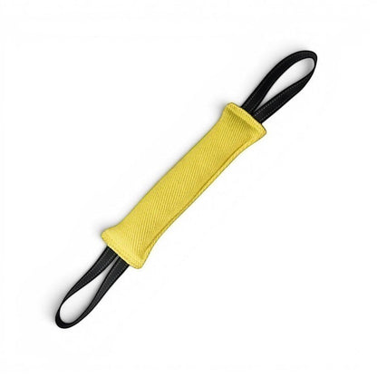 Boudin de mordant AventureCanine en jute jaune avec deux poignées noires pour jeux de traction et entraînement canin