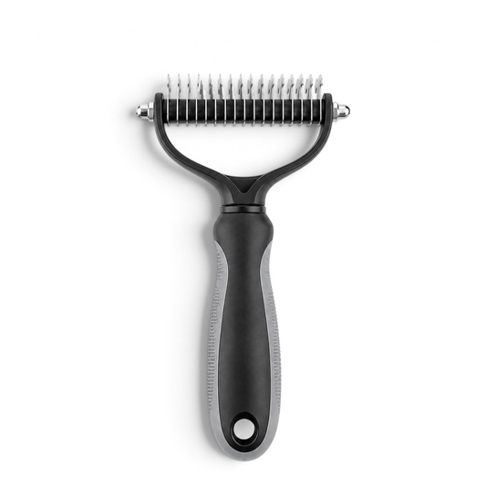 Brosse étrille double face AventureCanine en acier inoxydable avec poignée ergonomique pour démêler les chiens