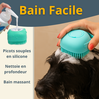 Brosse de lavage AventureCanine en silicone bleu avec réservoir pour shampoing massant le pelage d'un chien