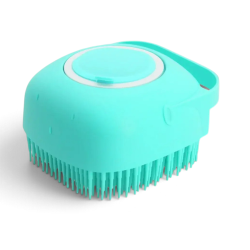 Brosse de lavage AventureCanine bleu turquoise avec réservoir de shampoing intégré et picots souples pour chien