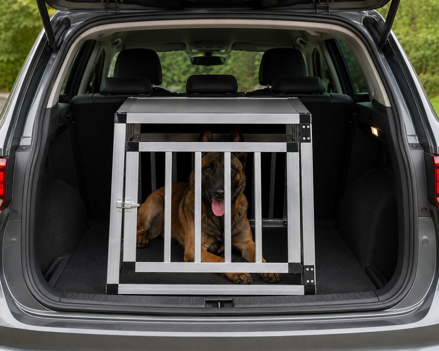 Cage de transport AventureCanine en aluminium pour chien installée dans le coffre d'une voiture avec un berger malinois