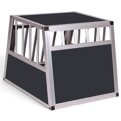 Cage de transport AventureCanine en aluminium et MDF noir pour chien, structure robuste avec panneaux ajourés