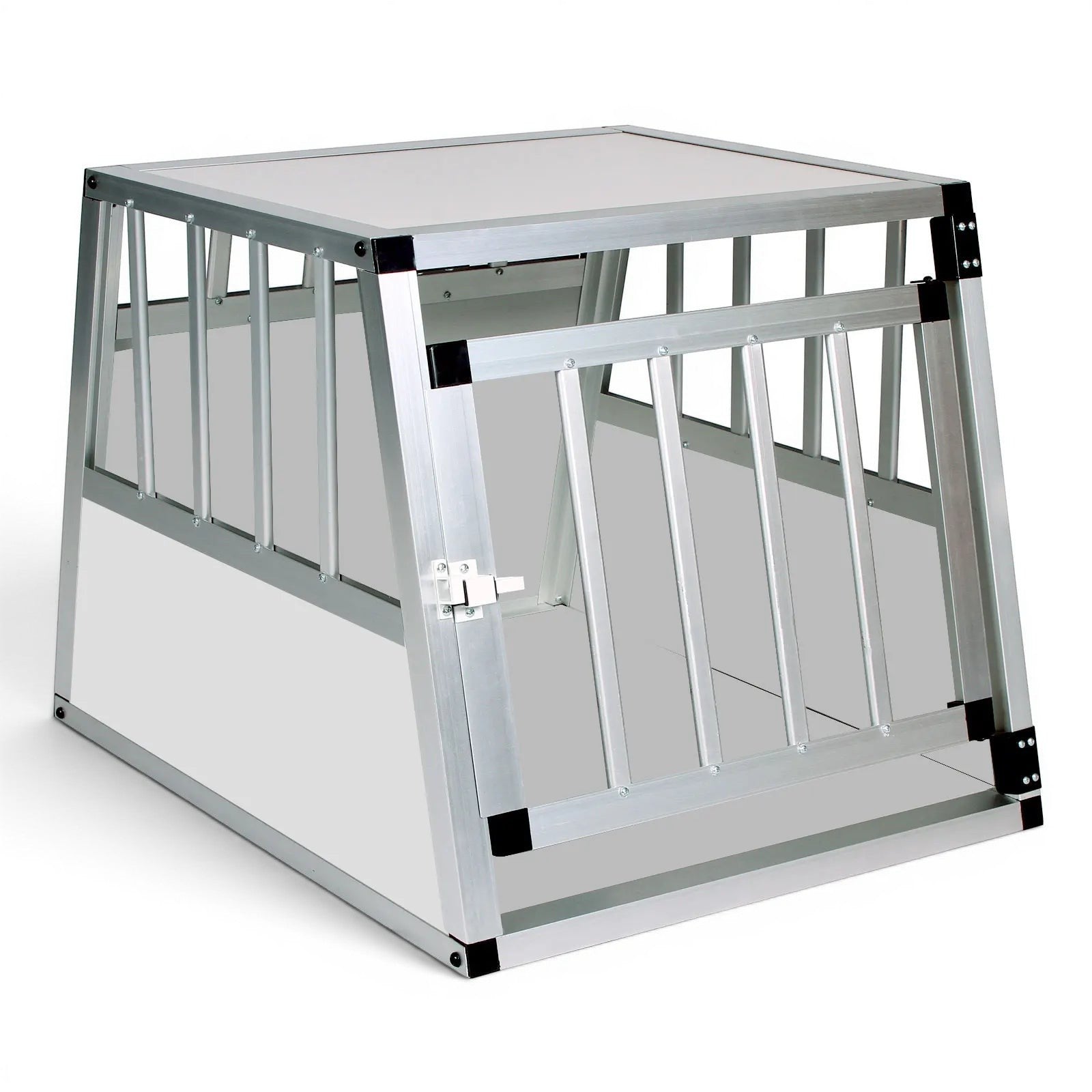 Cage de transport AventureCanine en aluminium et MDF pour chien, forme trapézoïdale avec porte verrouillable