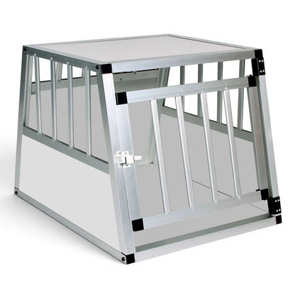 Cage de transport AventureCanine en aluminium et MDF pour chien, forme trapézoïdale avec porte verrouillable