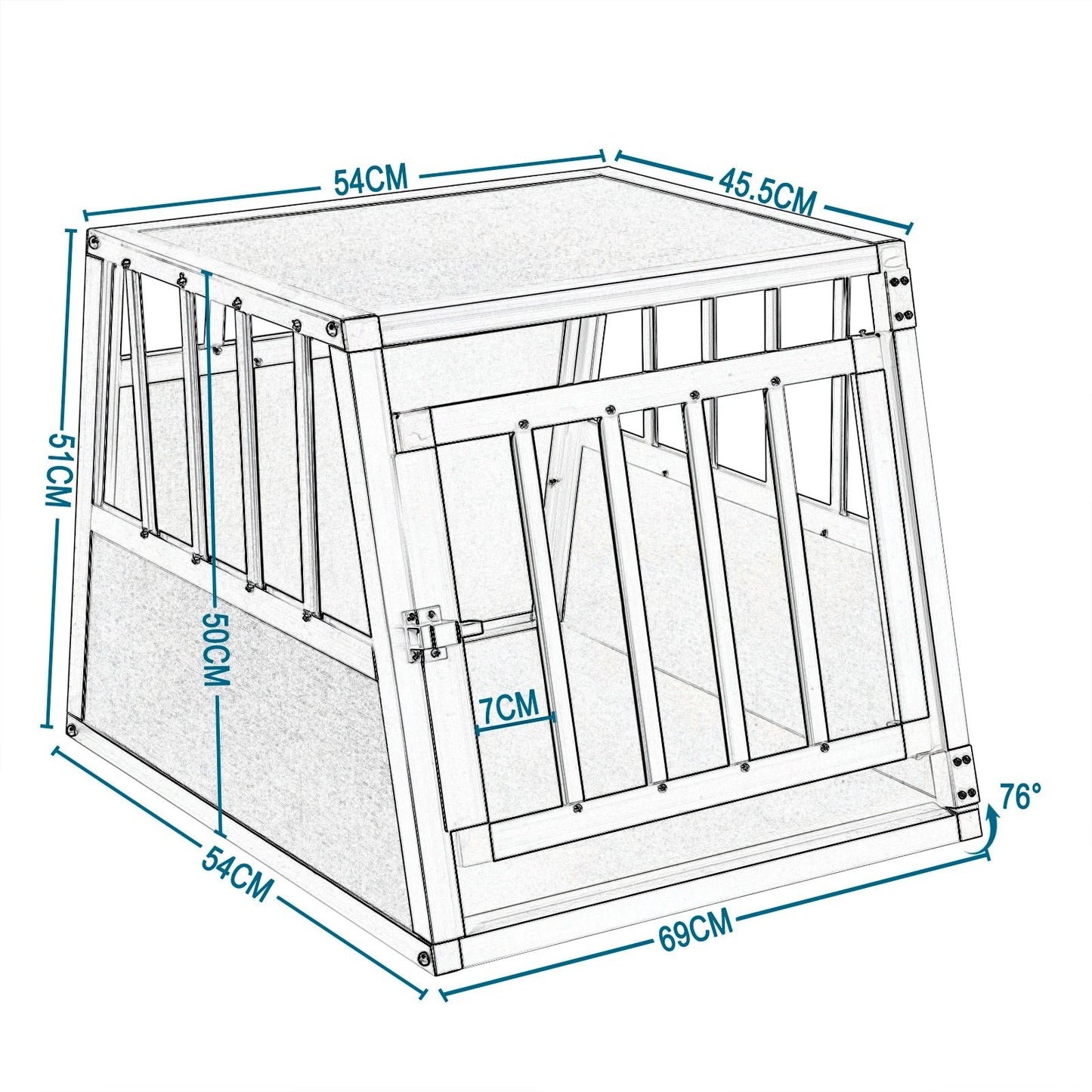 Schéma technique de la cage de transport AventureCanine en aluminium et MDF avec dimensions détaillées