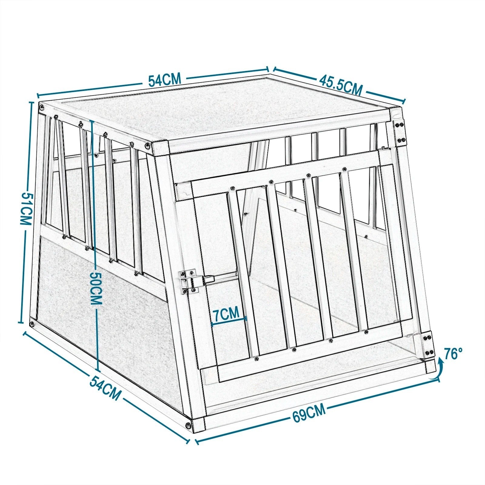 Schéma technique de la cage de transport AventureCanine en aluminium et MDF avec dimensions détaillées