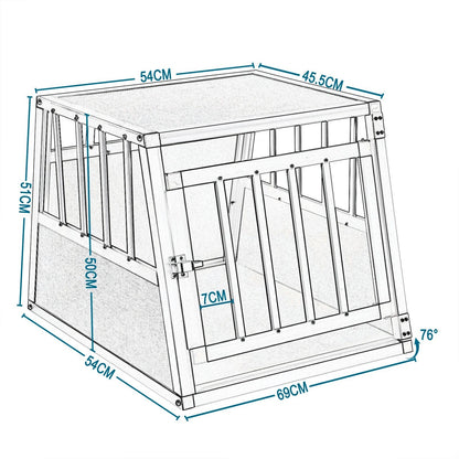Schéma technique de la cage de transport AventureCanine en aluminium et MDF avec dimensions détaillées