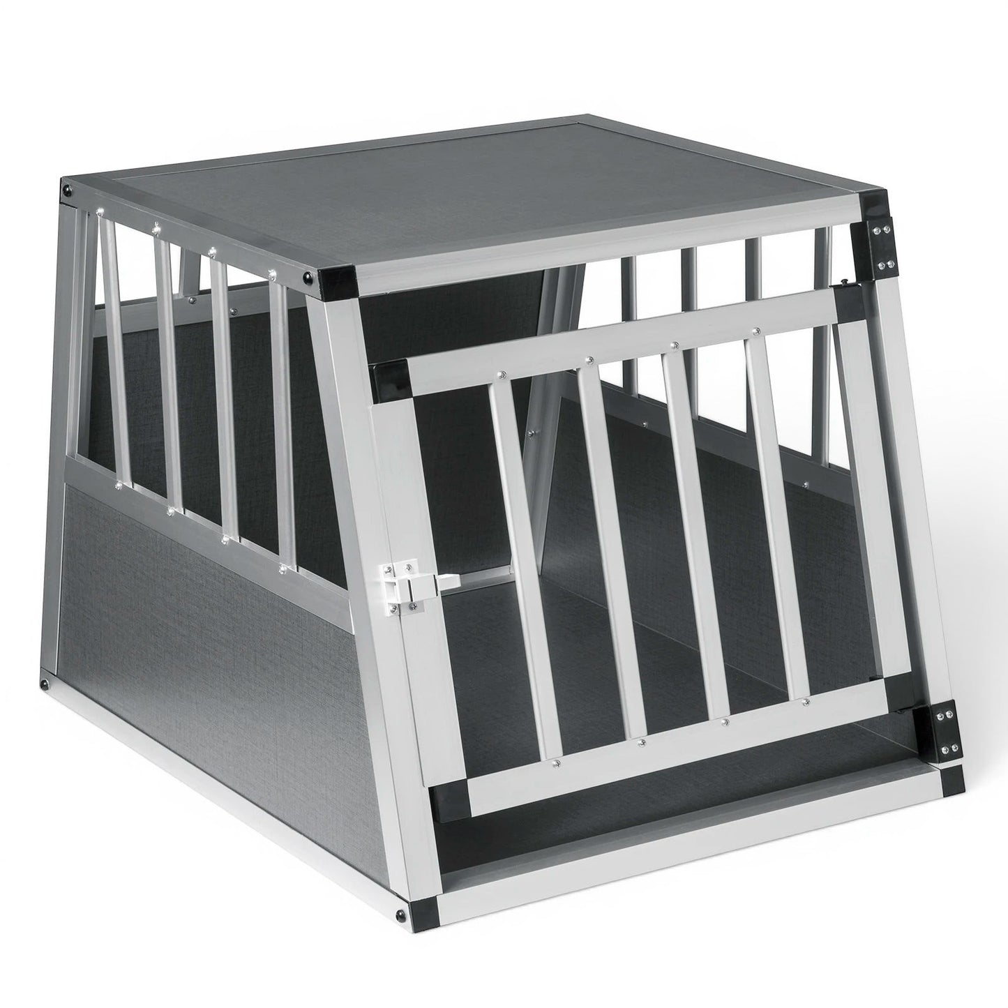Cage de transport AventureCanine en aluminium et MDF gris pour chien avec porte verrouillable et panneaux ajourés