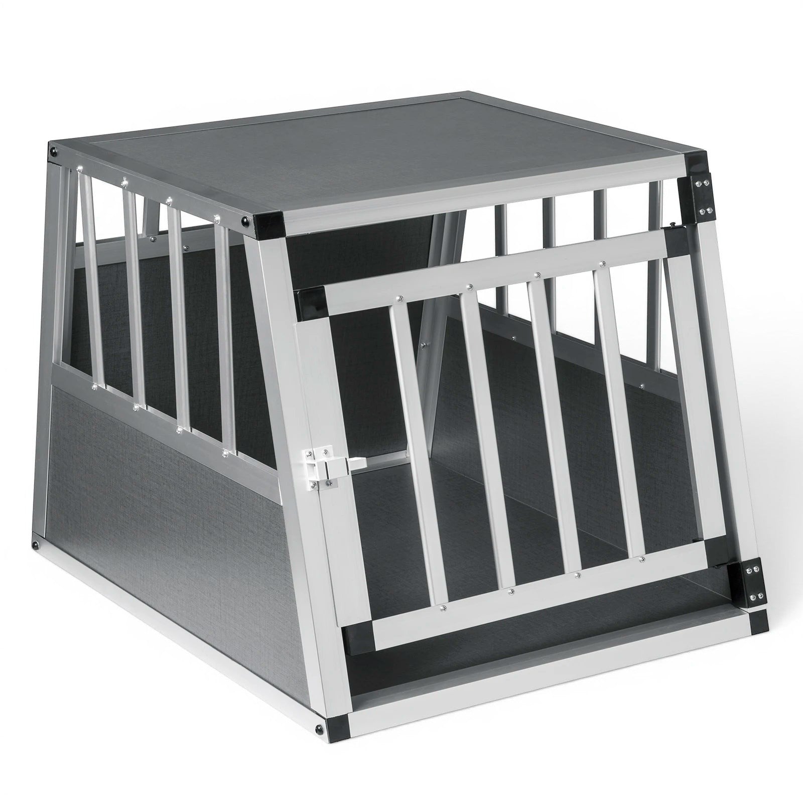 Cage de transport AventureCanine en aluminium et MDF gris pour chien avec porte verrouillable et panneaux ajourés