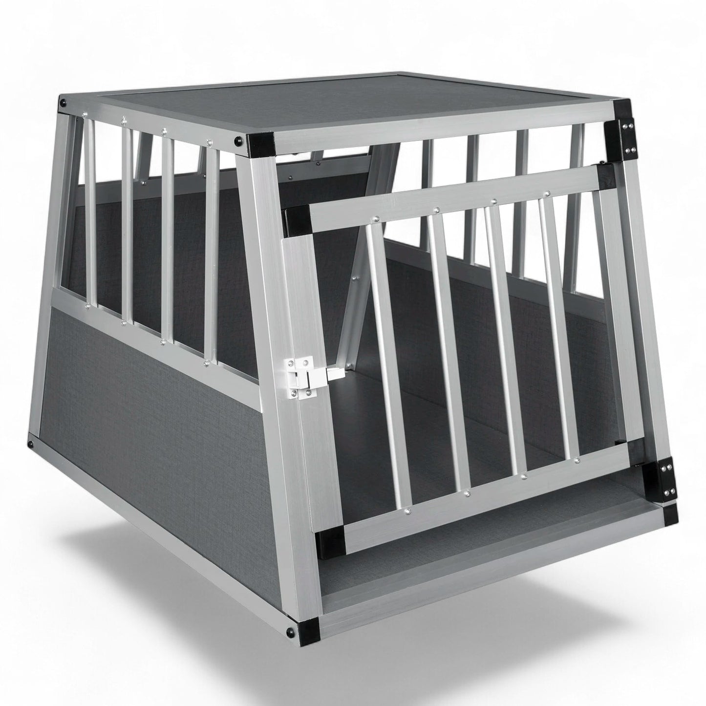 Cage de transport AventureCanine en aluminium et MDF gris pour chien avec porte verrouillable et panneaux ajourés