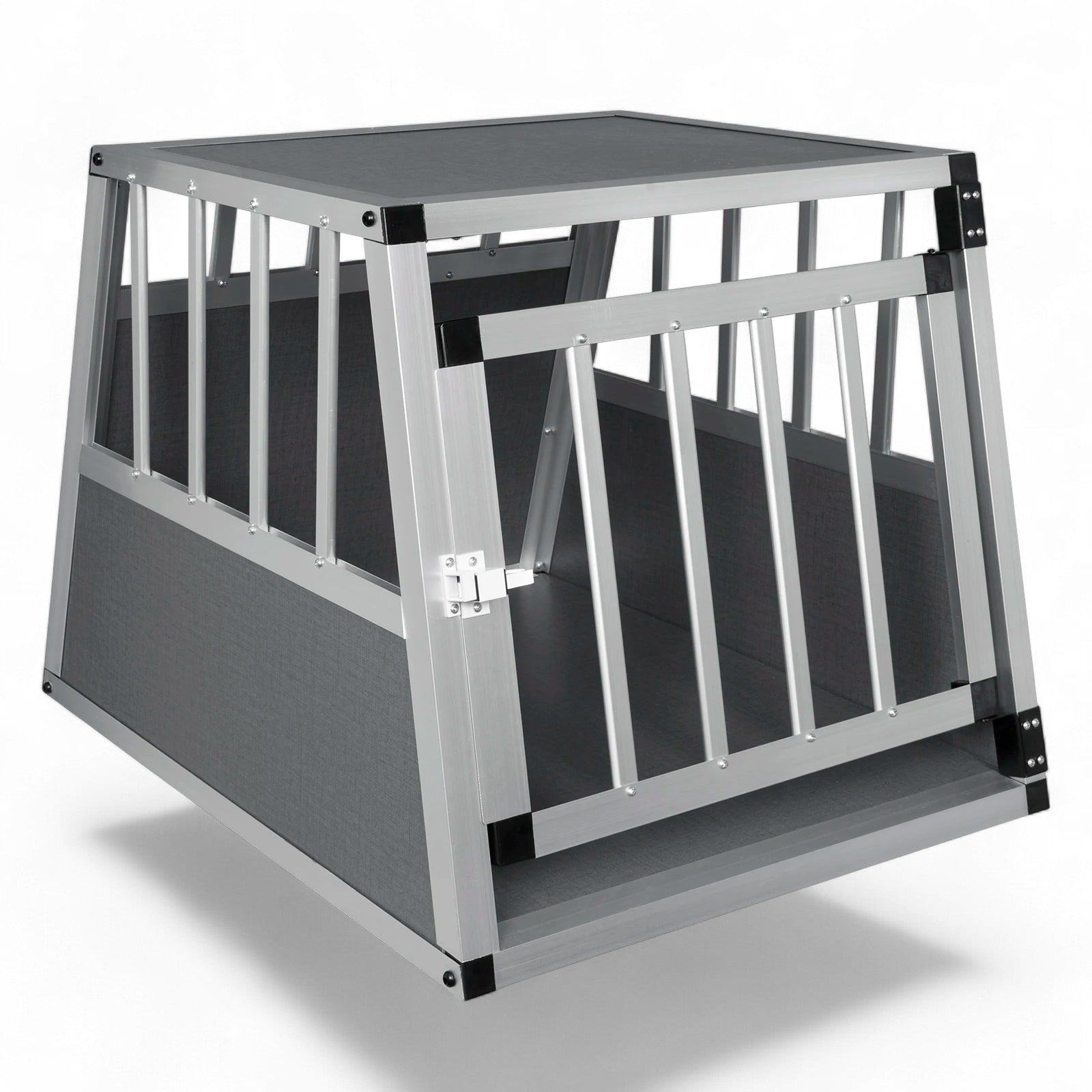 Cage de transport AventureCanine en aluminium et MDF gris pour chien avec porte verrouillable et panneaux ajourés