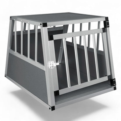 Cage de transport AventureCanine en aluminium et MDF gris pour chien avec porte verrouillable et panneaux ajourés