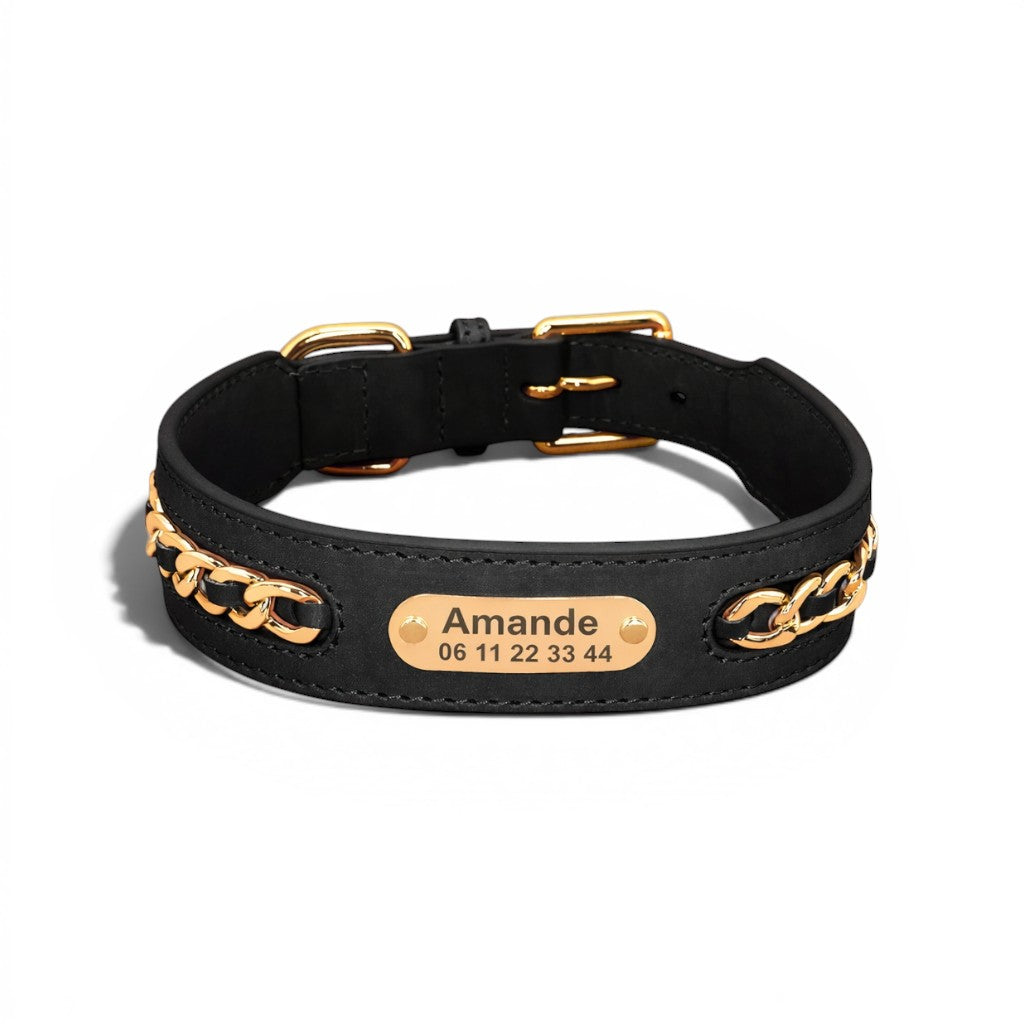 Collier pour chien AventureCanine en cuir noir avec plaque d'identification dorée gravée et détails en chaîne