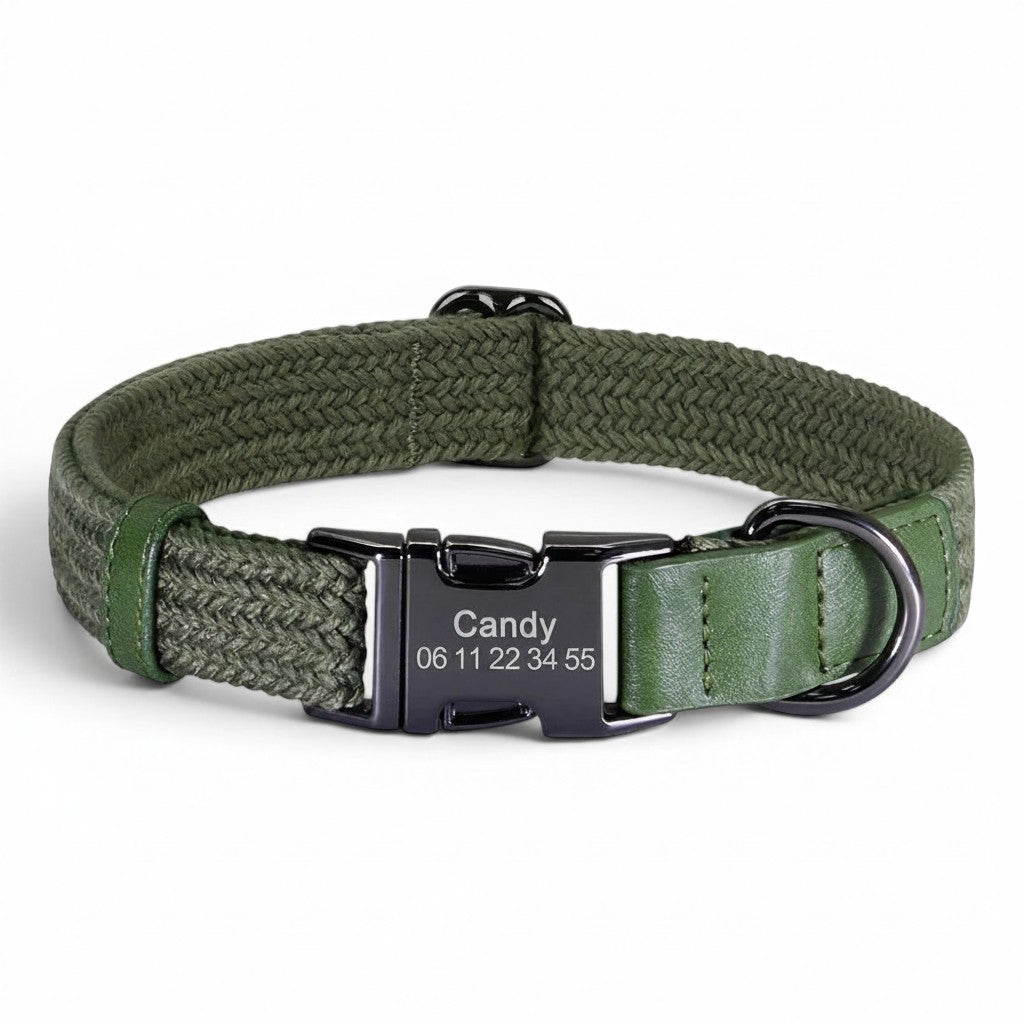 Collier pour chien AventureCanine en nylon tressé vert avec boucle gravée personnalisable et détails en cuir