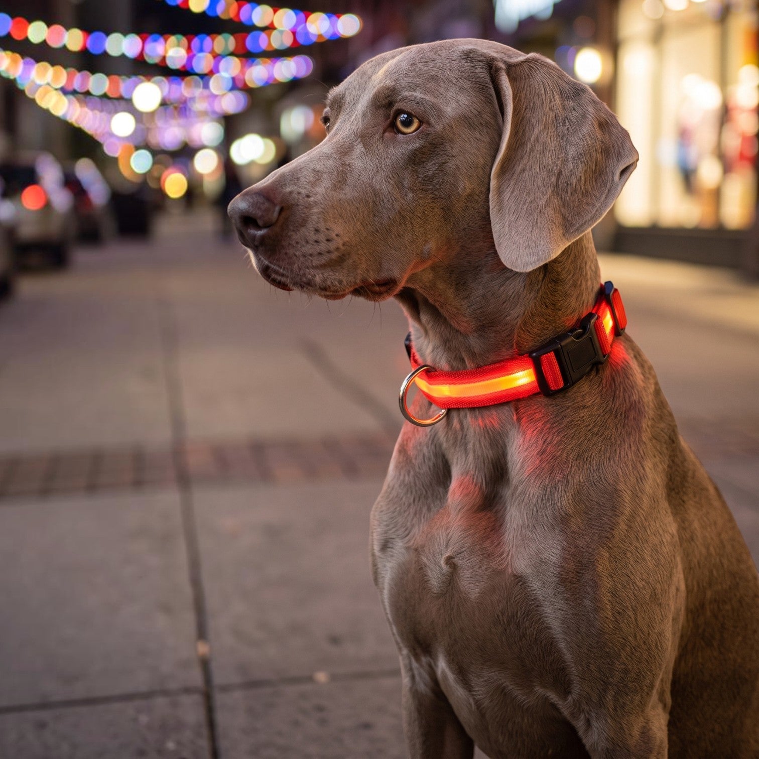 Chien Weimaraner portant un collier lumineux LED rouge AventureCanine pour une meilleure visibilité lors des promenades nocturnes