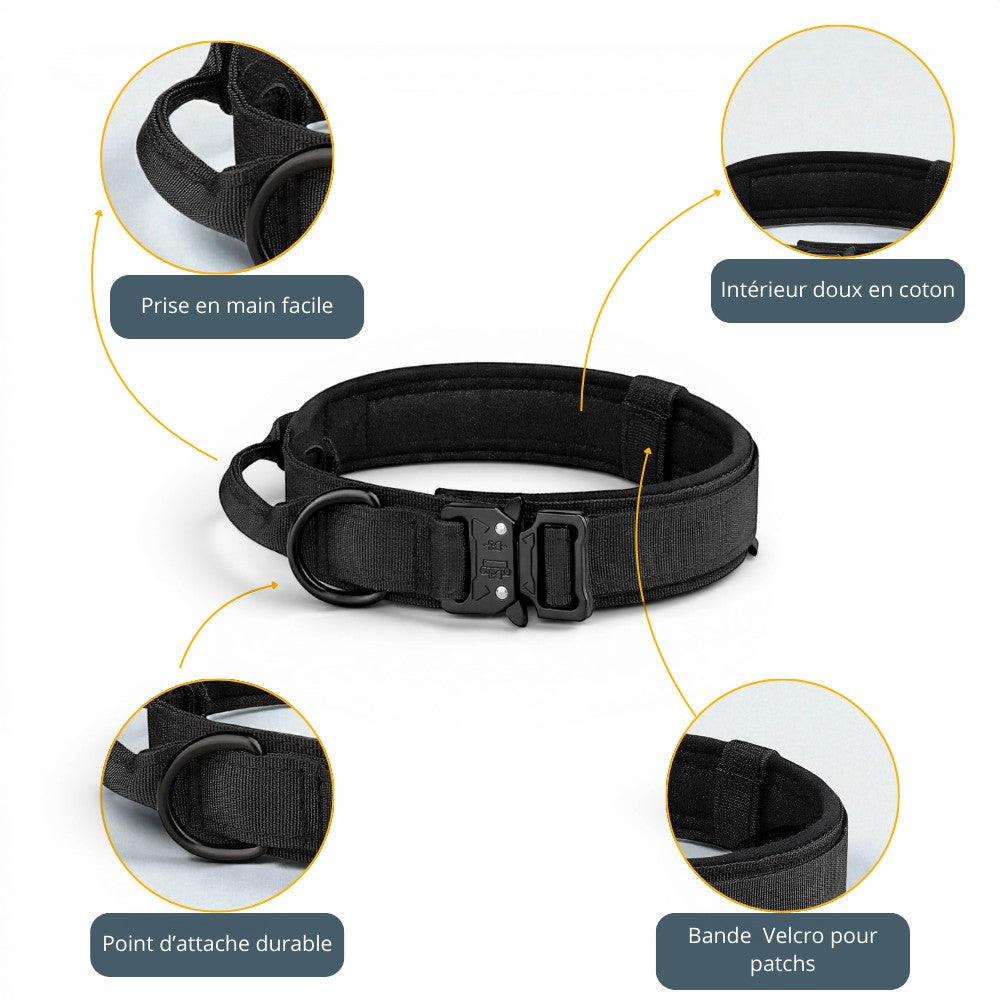 Collier tactique noir AventureCanine en polyester avec boucle robuste, poignée de contrôle et intérieur doux