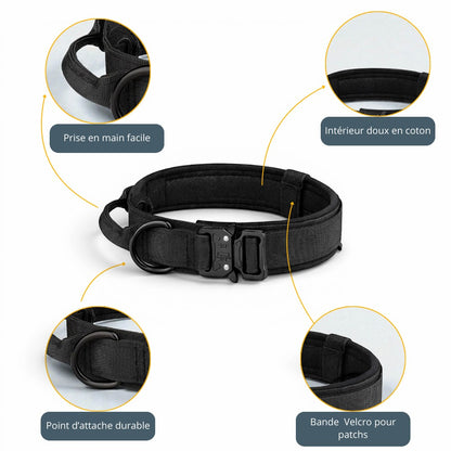 Collier tactique noir AventureCanine en polyester avec boucle robuste, poignée de contrôle et intérieur doux