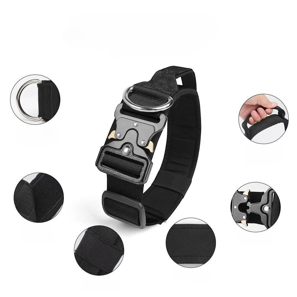 Collier tactique AventureCanine noir en nylon résistant avec boucle à ouverture rapide et poignée de contrôle
