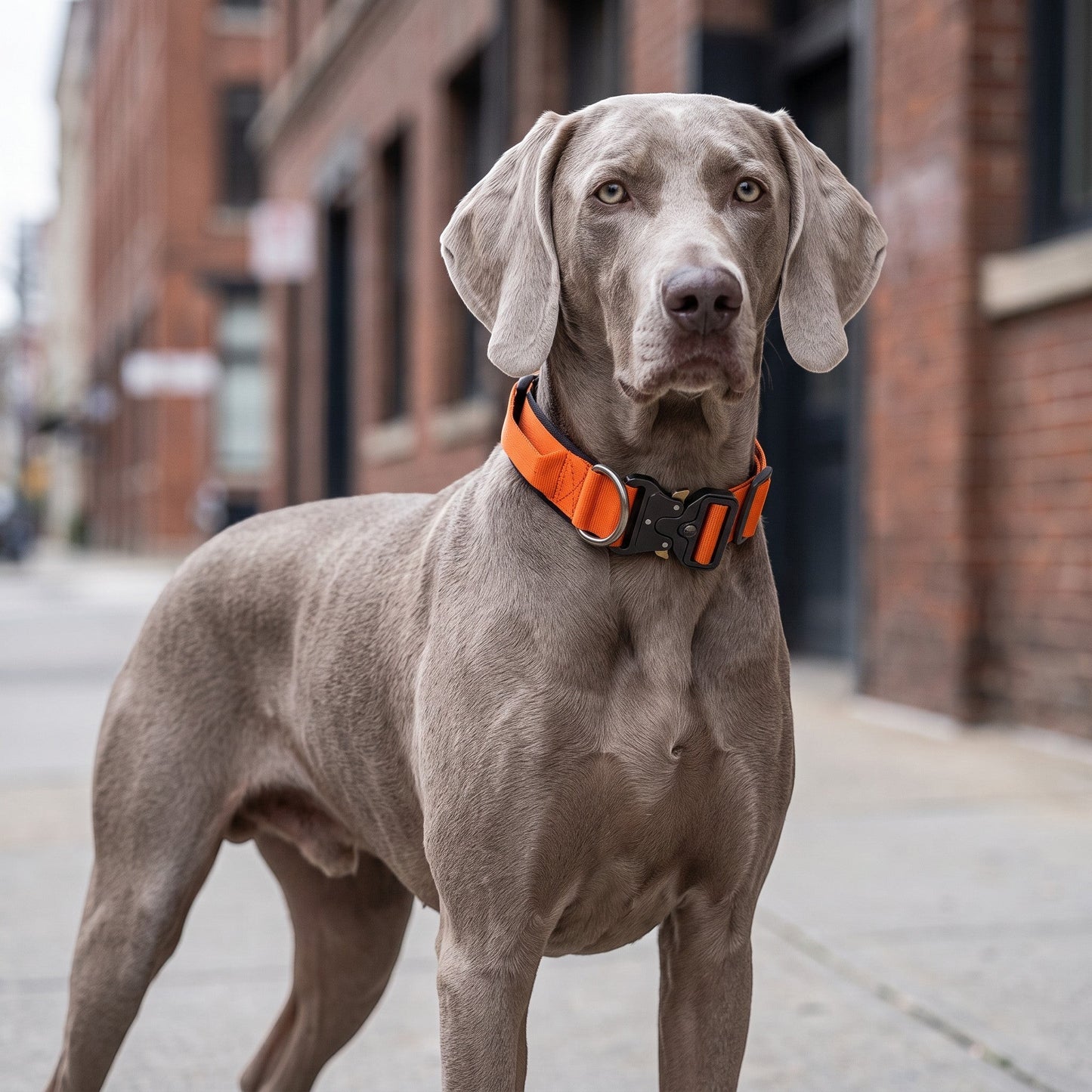 Chien braque de Weimar portant un collier tactique orange AventureCanine en nylon réglable avec boucle rapide