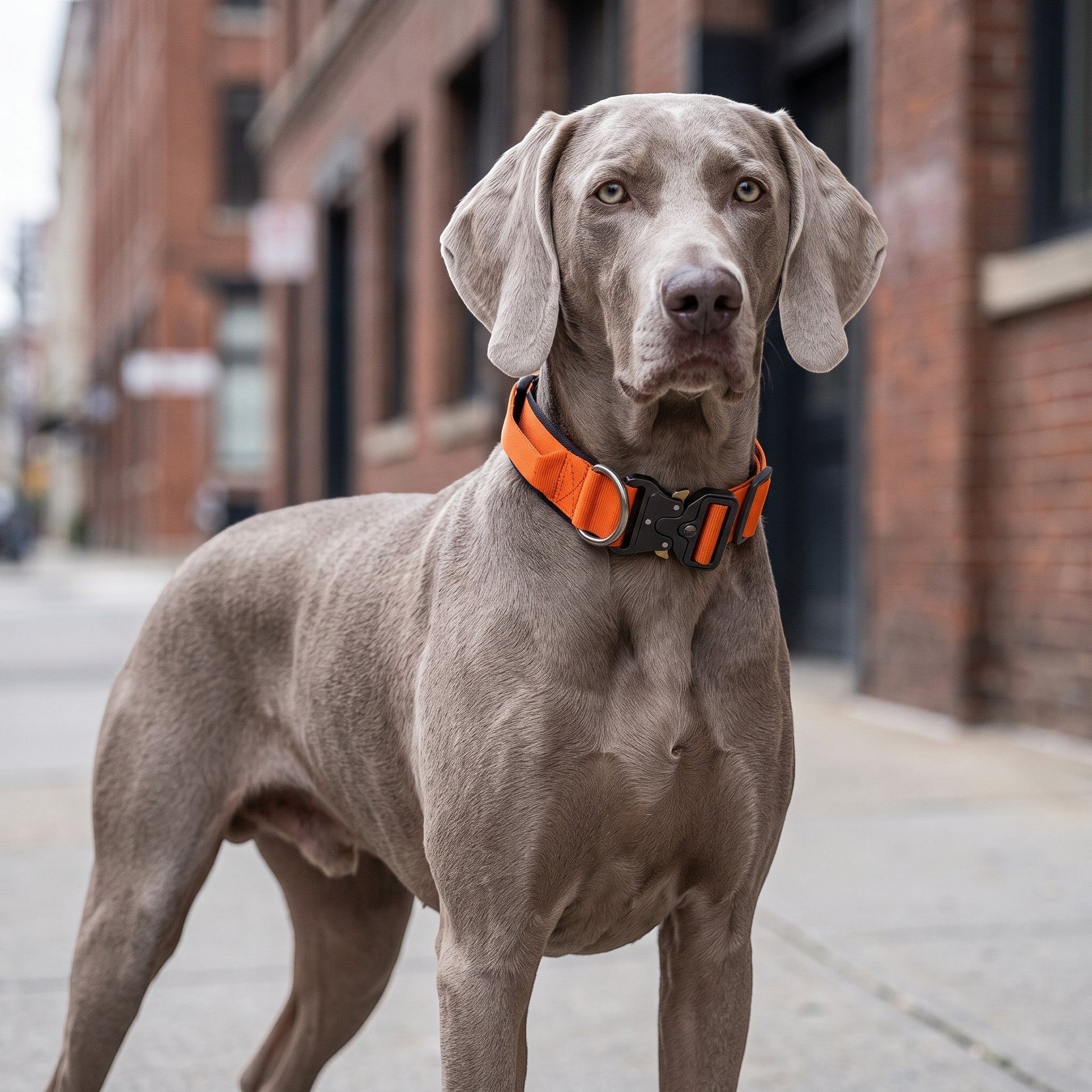 Chien braque de Weimar portant un collier tactique orange AventureCanine en nylon réglable avec boucle rapide