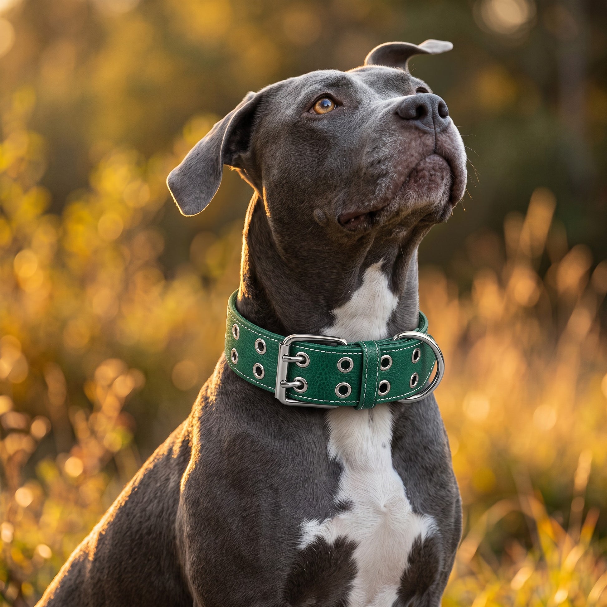 Chien portant un collier tactique AventureCanine vert en nylon avec double boucle et rembourrage, en extérieur.