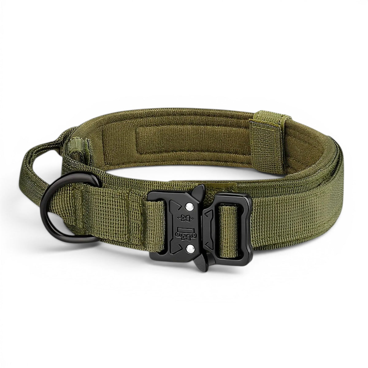 Collier tactique pour chien AventureCanine en polyester vert olive avec boucle robuste et anneau en D noir