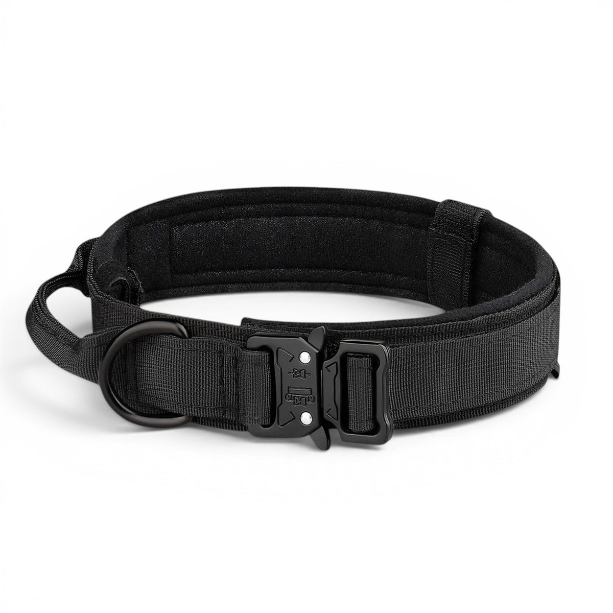 Collier tactique noir AventureCanine en polyester résistant avec boucle robuste et poignée de maintien