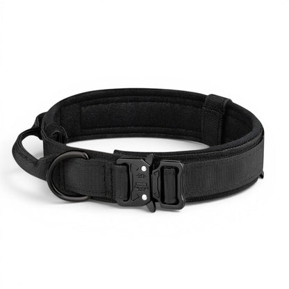 Collier tactique noir AventureCanine en polyester résistant avec boucle robuste et poignée de maintien