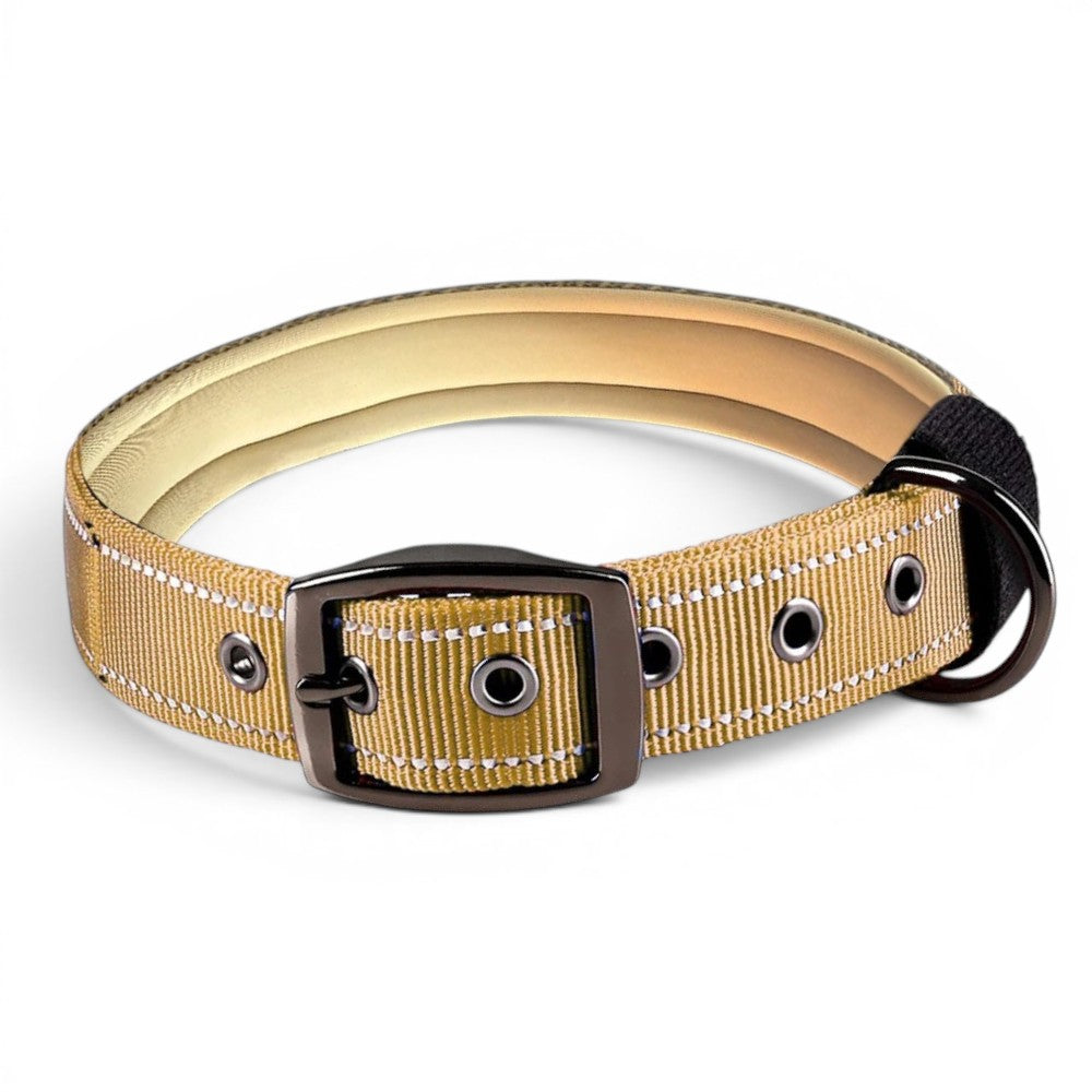 Collier tactique AventureCanine beige en nylon avec bandes réfléchissantes et intérieur rembourré confortable