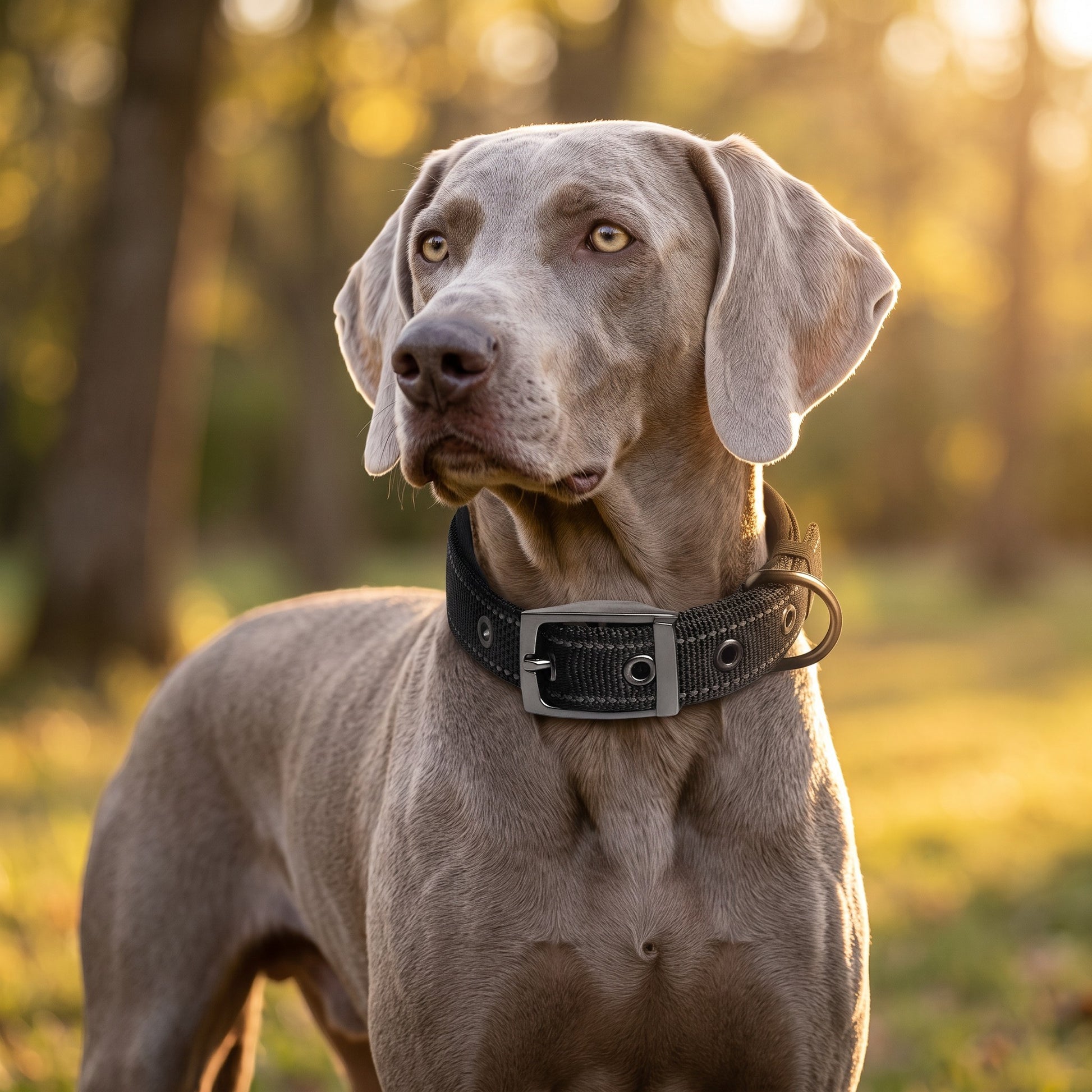 Collier tactique AventureCanine en nylon noir avec rembourrage et boucle sur un chien Weimaraner en extérieur