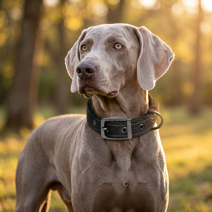 Collier tactique AventureCanine en nylon noir avec rembourrage et boucle sur un chien Weimaraner en extérieur