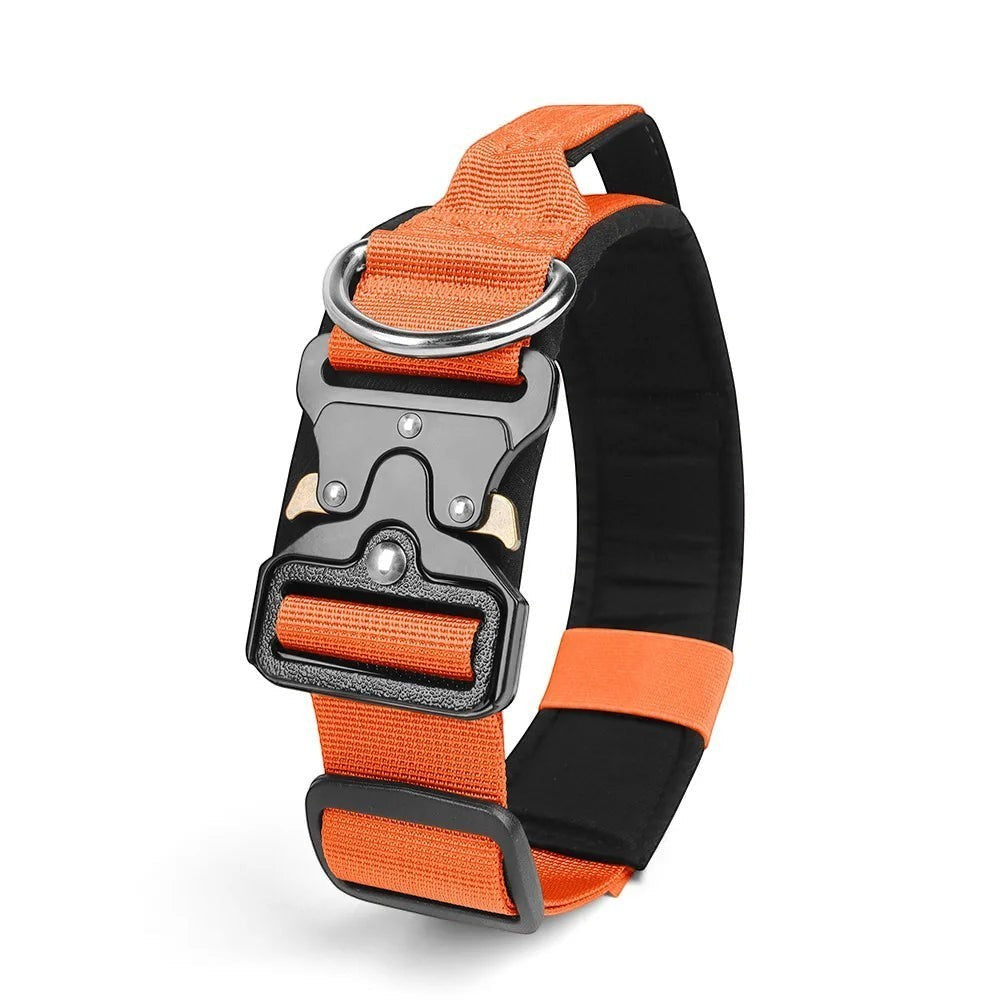 Collier tactique AventureCanine orange en nylon résistant avec boucle métallique à ouverture rapide pour chien