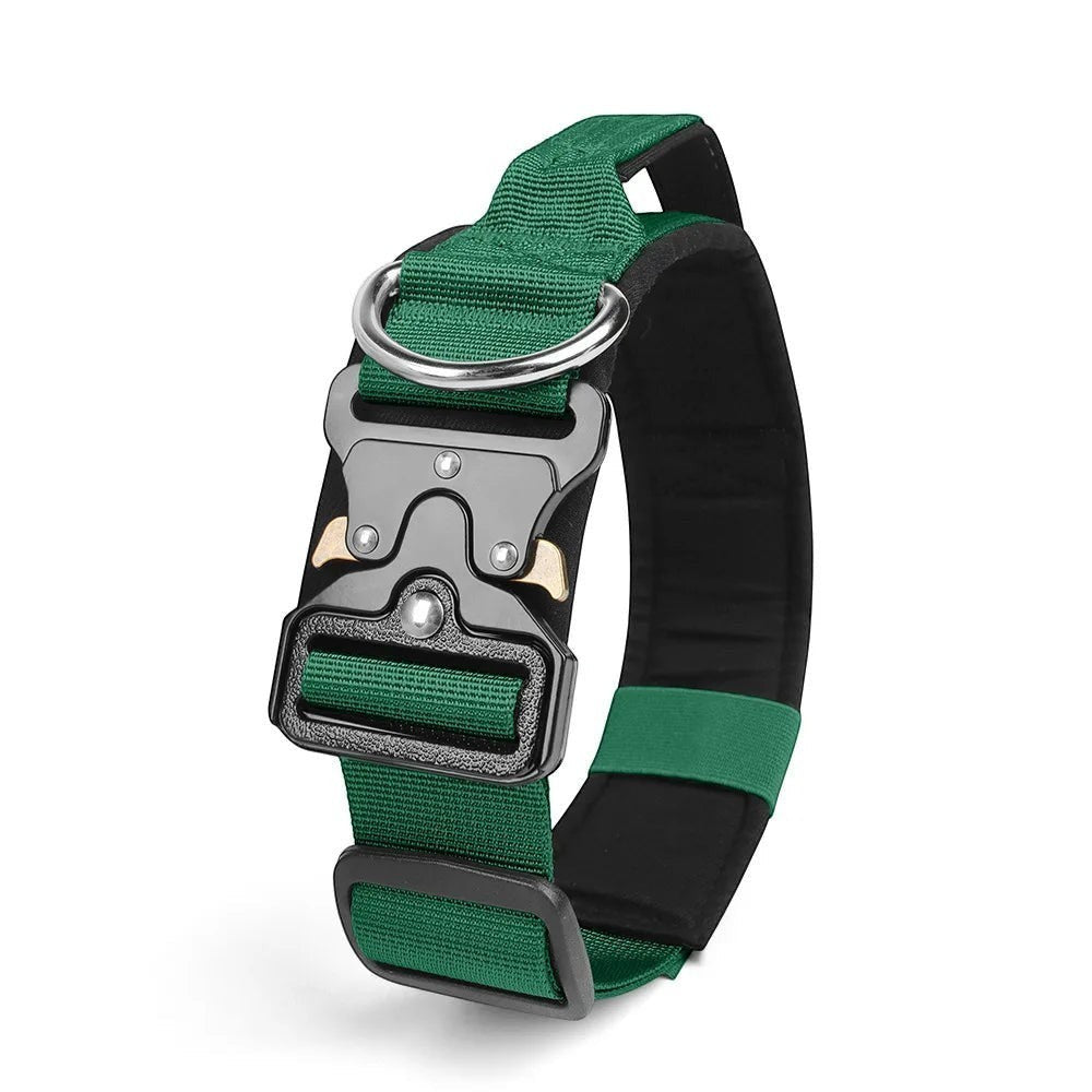 Collier tactique AventureCanine vert en nylon robuste avec boucle métallique à ouverture rapide et anneau en D