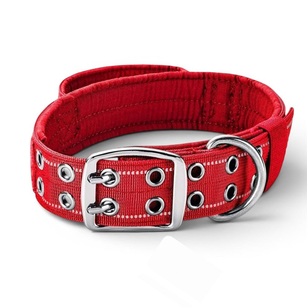 Collier tactique rouge AventureCanine en nylon avec double boucle, rembourrage et bandes réfléchissantes