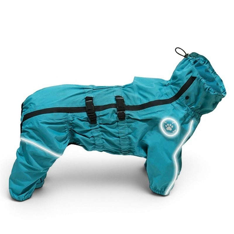 Combinaison imperméable AventureCanine bleu turquoise pour chien avec bandes réfléchissantes et fermeture réglable